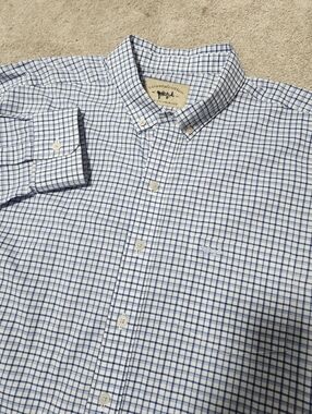 Men’s Coastal Cotton White & Blue Check Button-Down Shirt Size LARGE
